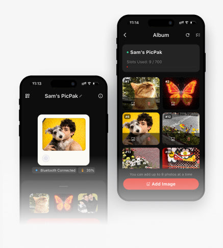 Two smartphone mockups displaying a photo album app interface on a light gray background. The left phone shows the album cover with a pet photo, and the right phone shows the album contents with sample photos and an 'Add Image' button.