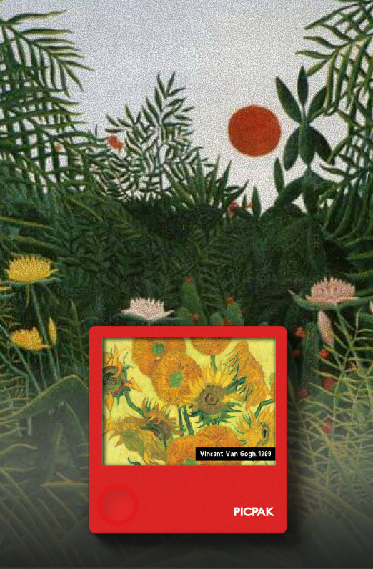 A red PICPAK portable picture frame displaying Vincent van Gogh's 'Sunflowers' (1888) is centered against a background collage of green foliage, yellow flowers, and a red sun from the same artwork.