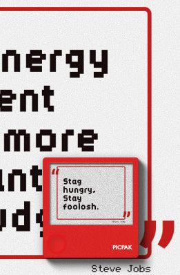 A graphic design featuring a red vintage-style digital display screen with the text 'Stag hungry. Stay foolish.