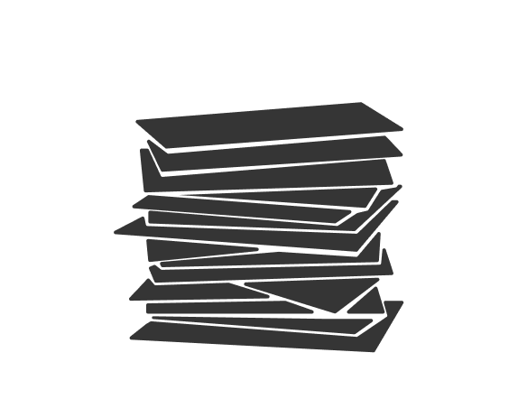 A stylized black icon of a stack of rectangular sheets or boards on a plain white background.