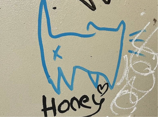 A close-up of a beige wall with blue graffiti-style drawing of a cat-like face, black handwritten text reading 'Honey' with a small heart, and white scribbled graffiti nearby.